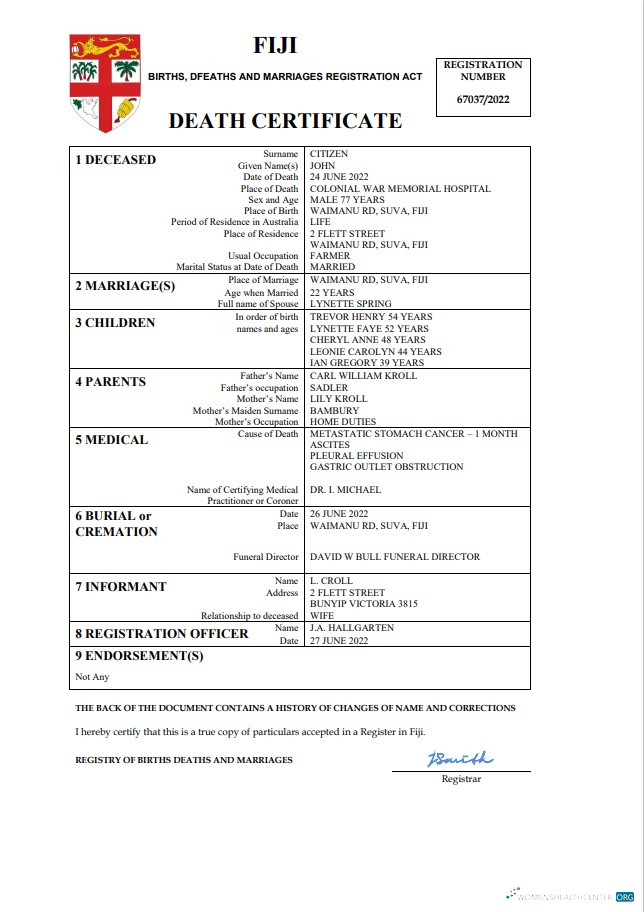 Download Fiji vital record death certificate Word and PDF template Photoshop template